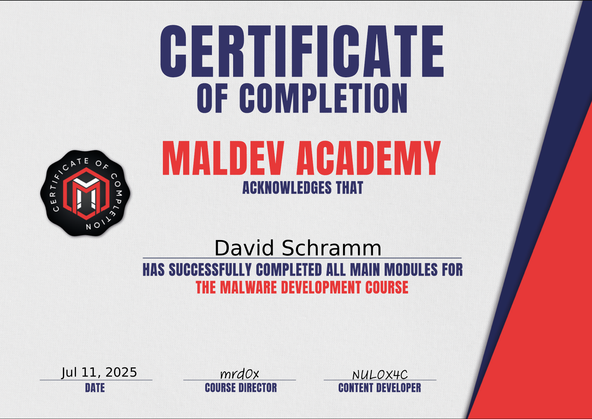 Maldev Academy Certificate of Completion