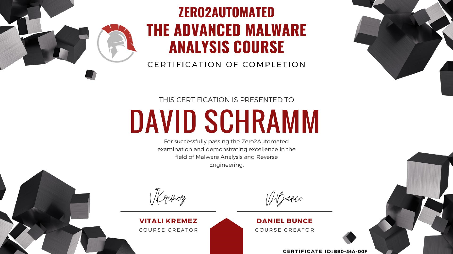 Zero2Automated Advanced Malware Analysis Course Certificate