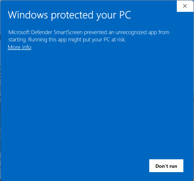 SmartScreen prompt for an unrecognized app
